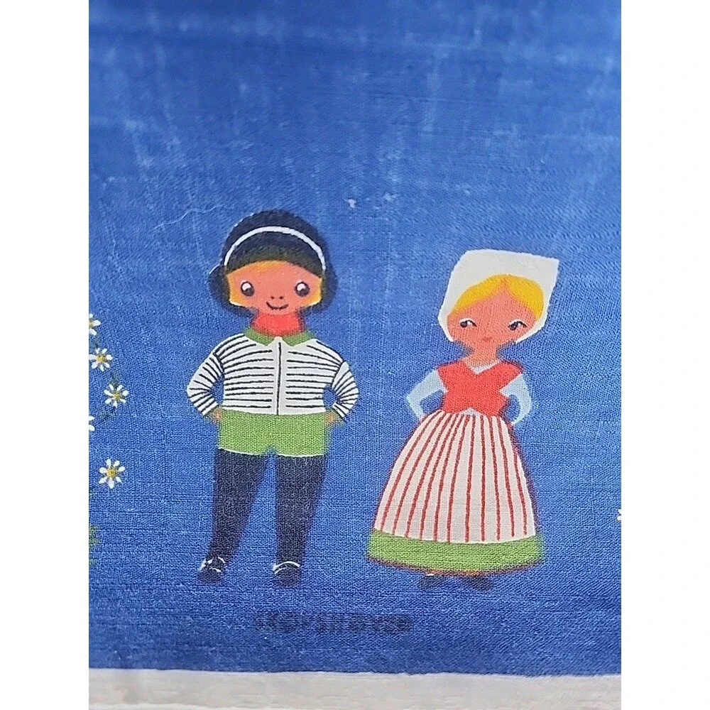Vtg Tablecloth Fabric Ingrid Pedersen Denmark Souvenir 36” By 36” Blue